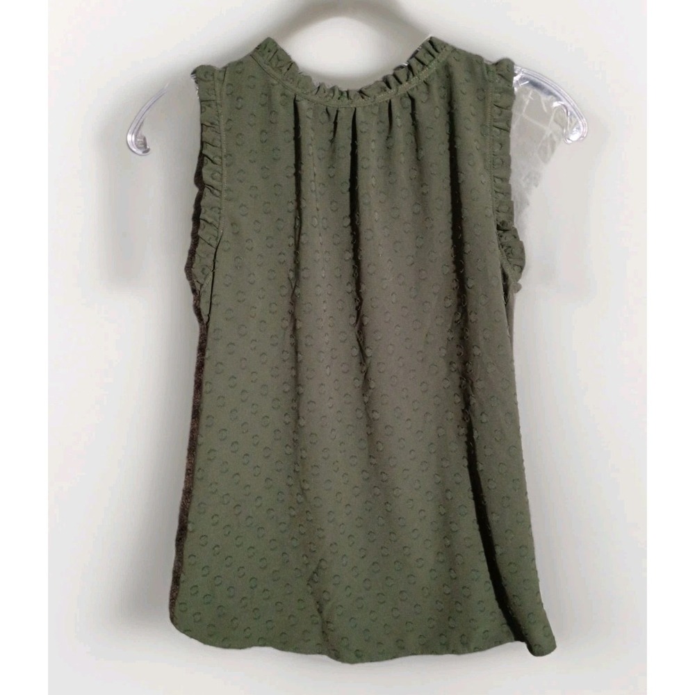 LOFT Lightweight Sleeveless Blouse Olive Green Swiss Dot Ruffle Accents Sz‎ XSP